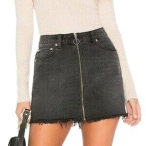 We The Free Free People Black Zip It Up Denim Micro Mini Skirt Raw Hem Size 26